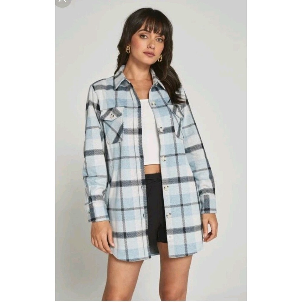 7 Diamonds Generation Long Sleeve Shacket Blue Plaid Soft Fall Womens Size M